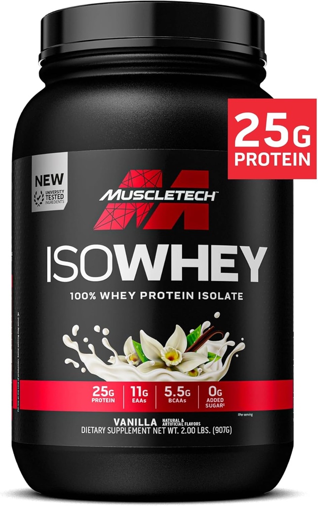 MuscleTech ISO Whey Izolat Pulbere de proteine, Vanilie - Post antrenament Suplimentul de gimnastică pentru Lean Musculare, culturism Greutate Gainer & recuperare - 25g Proteina, BCAA, EAA & 0 Zahăr adăugat - 2lbs