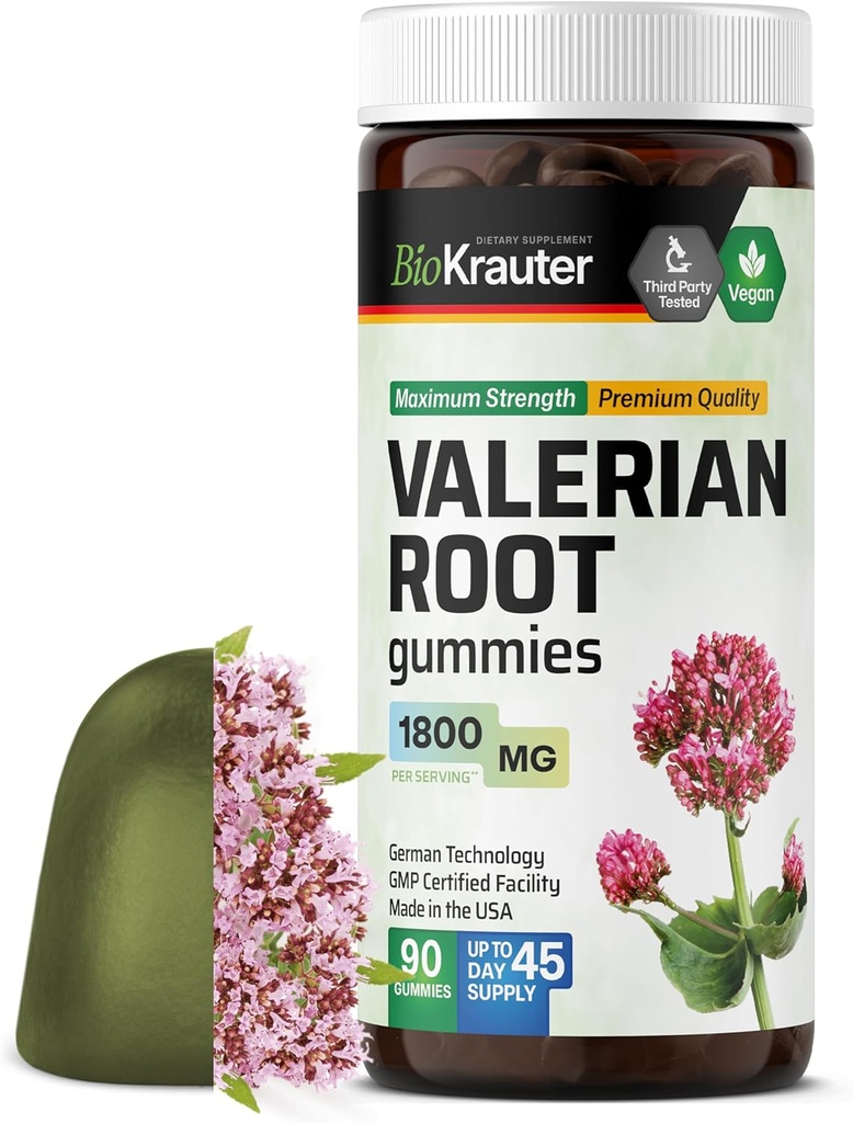 BIO KRAUTER Root Gumies - 1800 mg Putere - 90 Vegan Chews - No Melatonin - Suport Relaxare și calm - extract de rădăcină valeriană