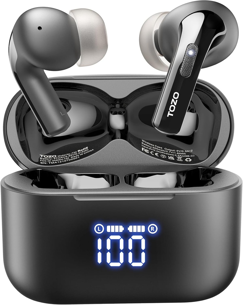 TOZO T20 Căști fără fir Căști Bluetooth 48.5 Hrs Joaca-te cu LED Digital Display, IPX8 rezistent la apă, Dual Mic Call Noise Anularea 10mm Speakers Broad Range cu caz de încărcare fără fir