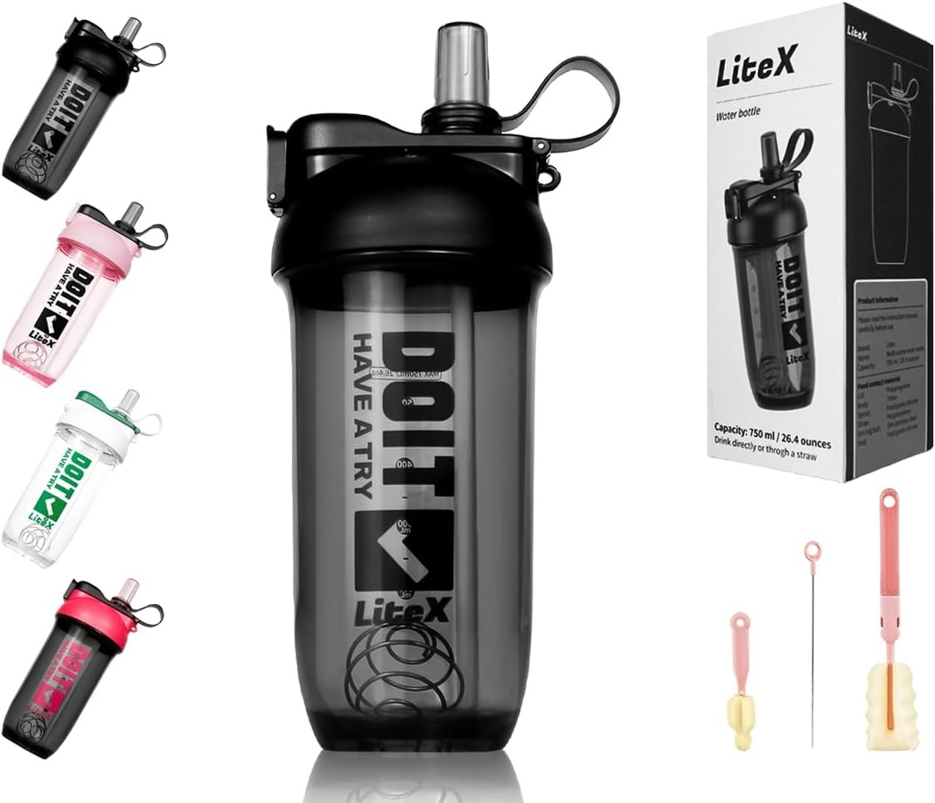 Litex Shaker Sticle pentru Shakes Proteine, 26oz Blender Shaker Sticla pentru pre-Workout, Cupe Shaker cu paie, BPA-free Tritan Sticle Mixer pentru pulbere de proteine, cu Cup Brush și Instrucțiuni (Black)