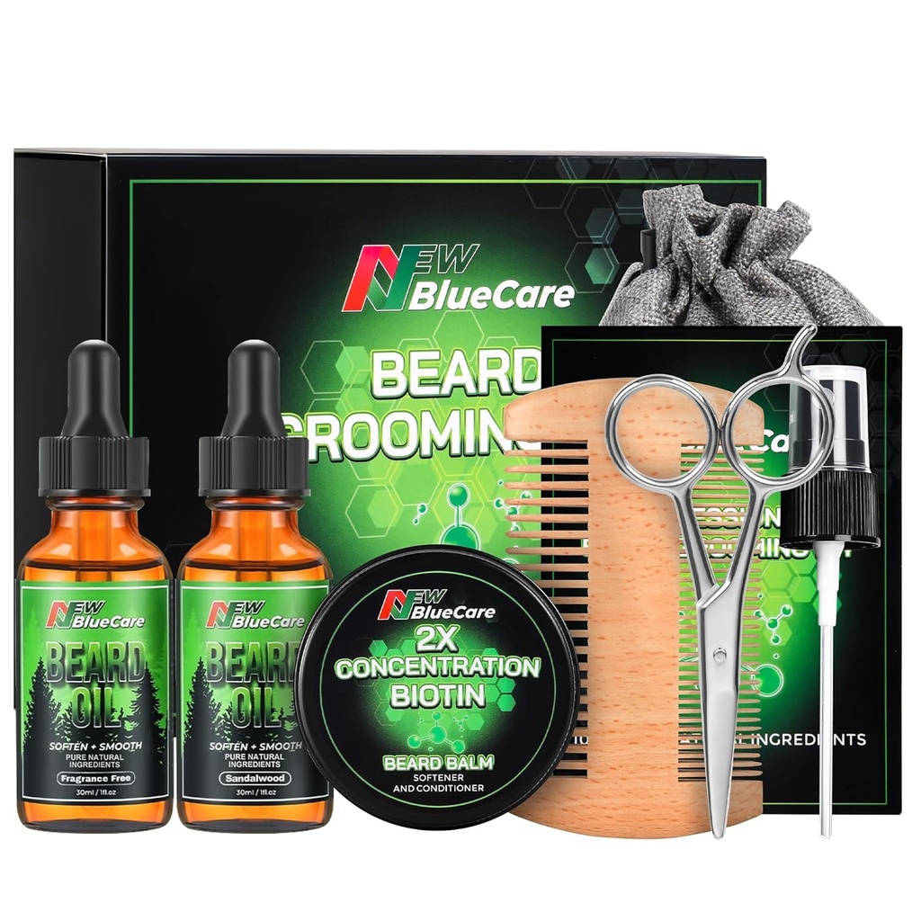 Kit de îngrijire barbă - conține (1) fiecare dintre uleiuri de barbă (Sandalwood & Unscented), Biotin Barbă de creștere Balsam, piepteni și foarfece pentru înromarea și trimming - Barbă de îngrijire Daddy Cadouri pentru bărbați El tată soț