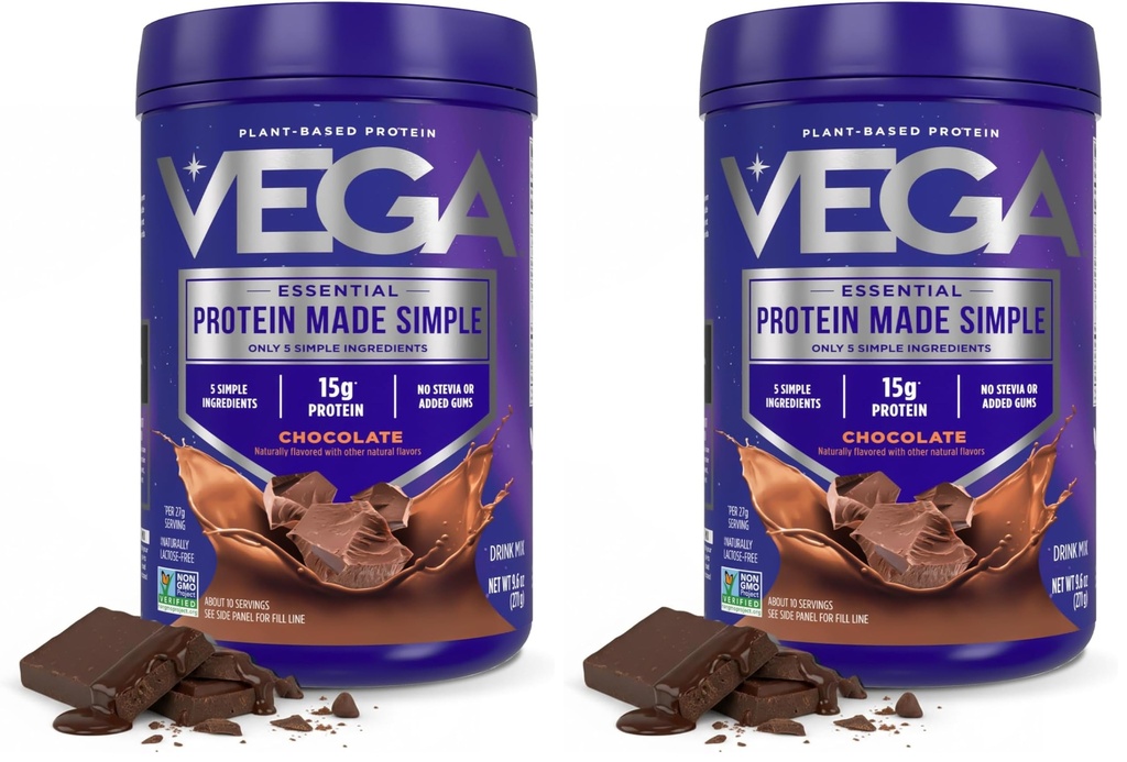 Vega Proteina facuta simplu, Ciocolata intunecata - Stevia Free Vegan Praf de proteine, pe bază de plante, sanatos, Gluten gratuit, Pea Proteina pentru femei si barbati, 9.6 oz (Packing May Vary) (Pachet de 2)
