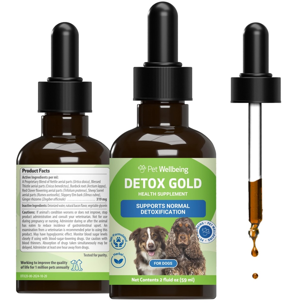 Pet Wellbeing Gold dezintoxicare pentru câini - Detoxifiere blândă și de eliminare Suport, Ingrijirea sistemului imunitar, Nettle, Binecuvântat Thistle, Brodock Root - Veterinarian-Format Herbal Supliment 2 oz (59 ml)