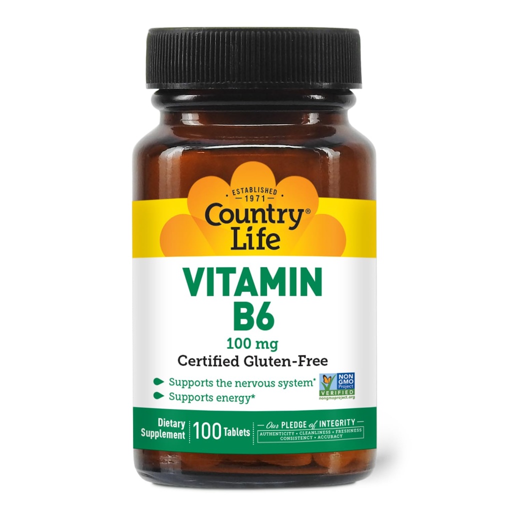 Country Life Vitamina B-6, Sprijină Energia și Sistemul Nervos, 100mg, 100 Capsule Vegane, Certified Gluten Free, Certified Vegan, Certified Halal, Non-GMO verificat...