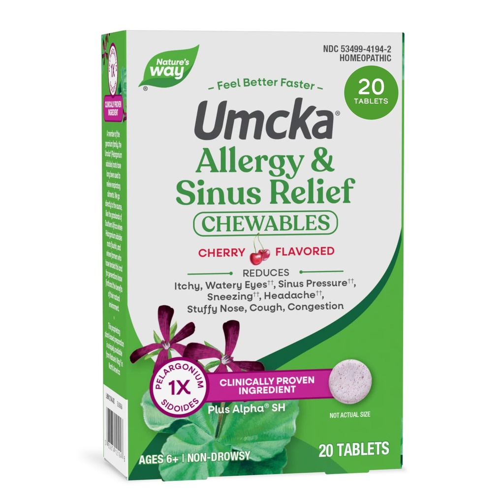 Natura's Way Alergy+Sinus Relief Chewables, Umcka, Strănut *, Runny Nose*, Heache*, Cough, Congestion, No Fenilephrine, Non-Drowsy, Cherry Flavored, 20 Chewable Tablets (Packaging May Vary)
