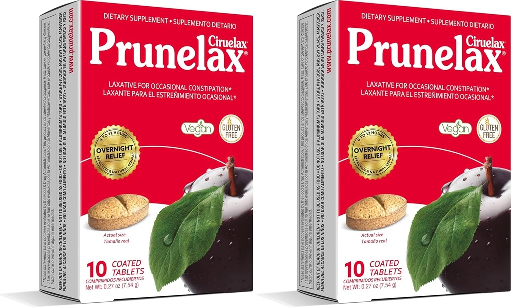 Prunelax Ciruelax Regular Putere Laxative Tablete - Natural-ingredient pe bază de laxativ pentru constipație ocazională, Previzibil Overnight Relief cu extractii de frunze Senna, 8-12 Hr Fast-Acting - 10ct
