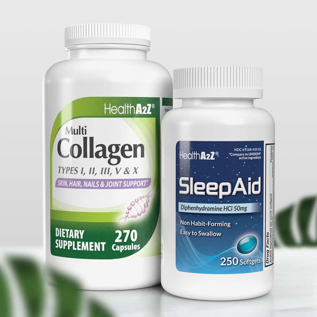 HealthA2Z® Sleep & Rejuvenate Combo Sleep Aid 50mg Difenhidramină HCl (250 Softgels) Multi Colagen Pills, 1735 mg (270 capsule Colagen) 