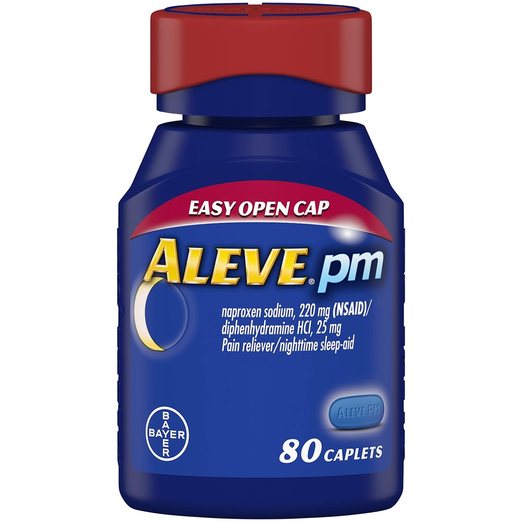 Aleve PM Caplets, Rapid Acting Sleep Aid and Pain Relief for Heaches, Muscle Aches, Non-Habit Forming 220 mg Naproxen Sodiu şi 25 mg capsule clorhidrat de difenhidramină, 80 conta