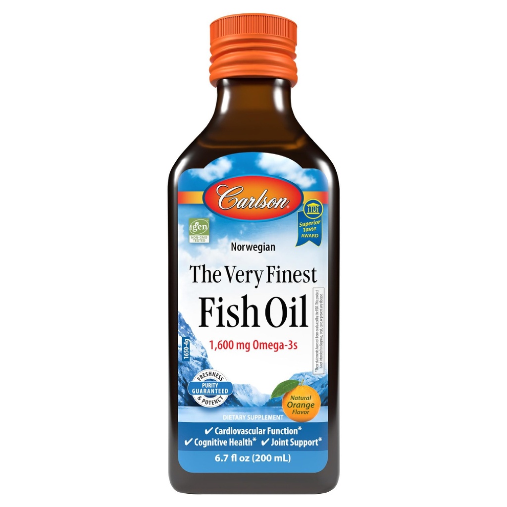 Carlson - Cel mai fin ulei de pește, 1600 mg Omega-3s, supliment de ulei de pește lichid, ulei de pește norvegian, ulei de pește sălbatic, lichid de pește cu surse durabile, Orange, 6,7 Fl Oz
