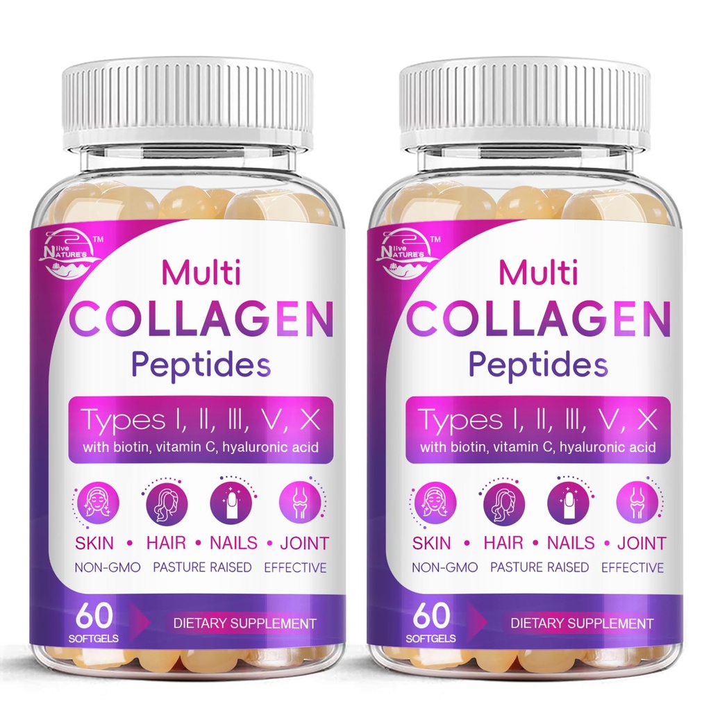 Multi Colagen Peptides Softgel - Tip I, II, III, V, X - Hidrolized Colagen Peptides cu Biotin, Vitamina C, Acid hialuronic, Suporturi piele unghie par, Grass-Fed, Non-GMO, 60 Softgel, 2 Pack