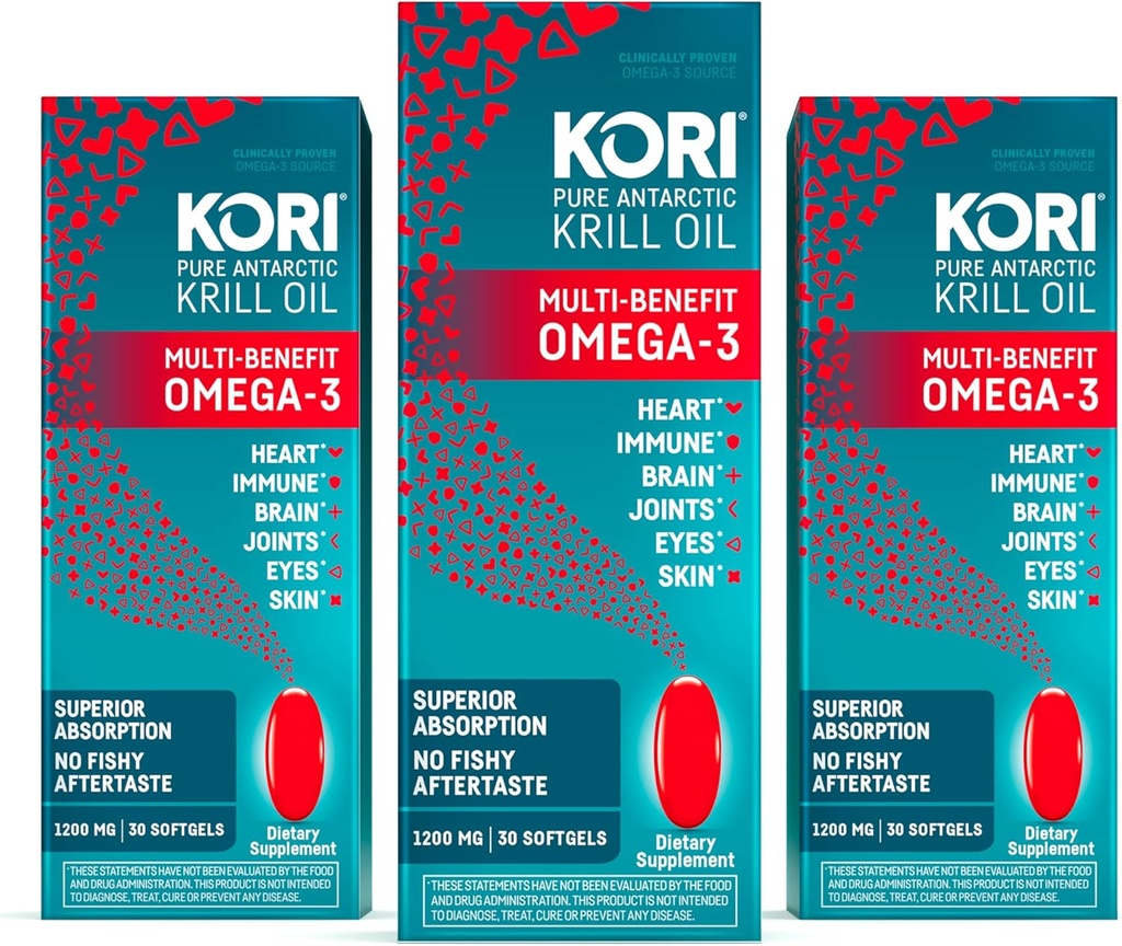 Kori Krill ulei Omega 3 Supliment, Antarctic ulei Krill cu absorbţie superioară vs ulei de peşte, 1200mg Softgels, 30 Softgels, EPA & DHA (Pachet de 3)
