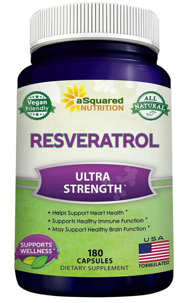 100% Resveratrol natural - 1000 mg per putere maximă de servire (180 capsule) Supliment antioxidant, Trans-Resveratrol pastile pentru sanatatea inimii & Pure, Polifenoli