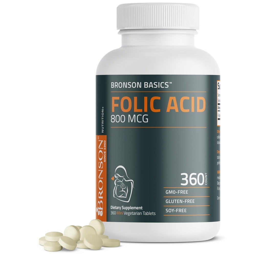 Acid folic Bronson 800 MCG susţine dezvoltarea prenatală, 1 an de aprovizionare, non-GMO, 360 comprimate