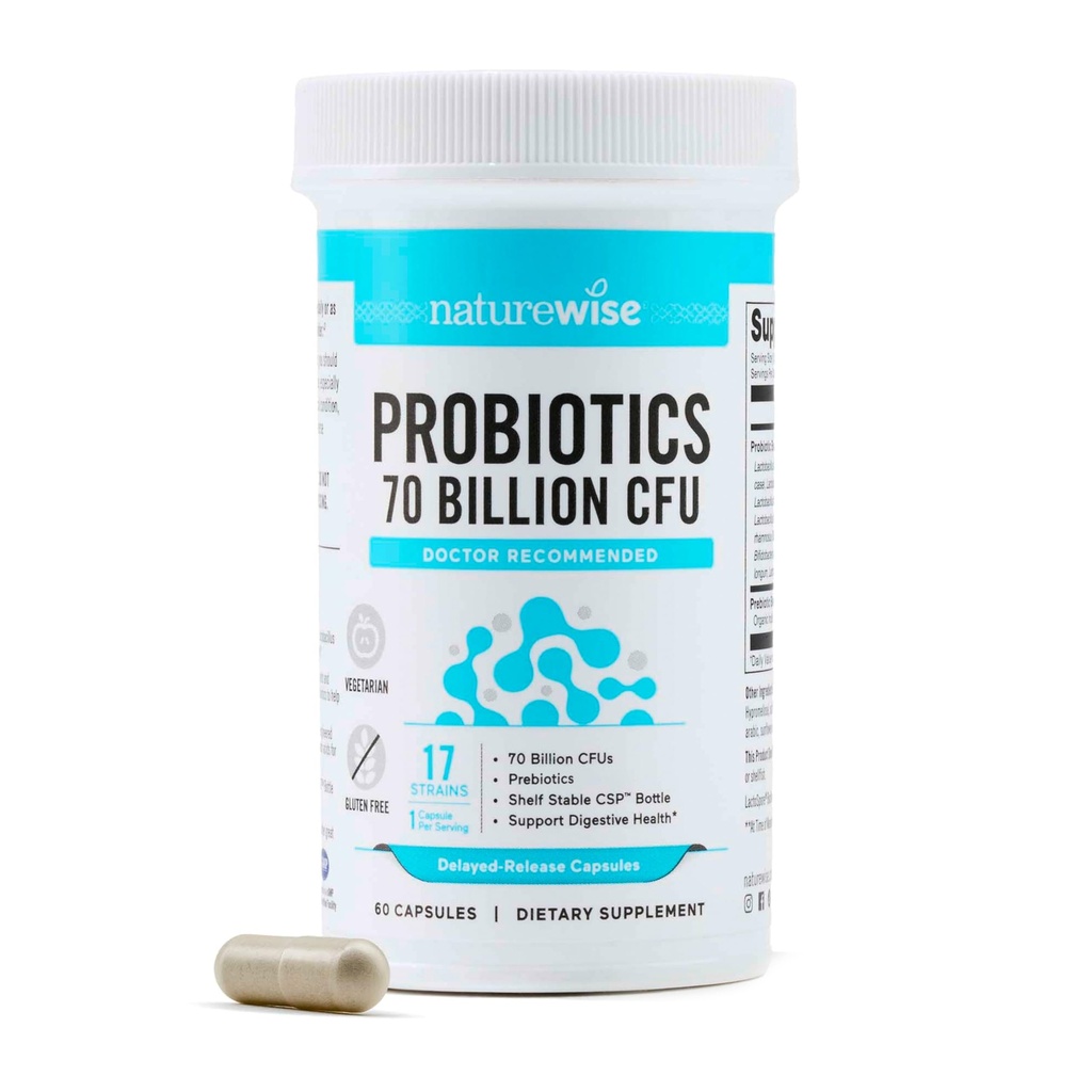 Probiotice naturaleWise 70 Miliarde CFU - 17 Tulpini + Prebiotice organice - Suport Imun, Digestive & Gut Health pentru Femei & Bărbați - Vegetarian, Gluten-Free, Non-GMO - 60 Capsule[2-Month Supply]