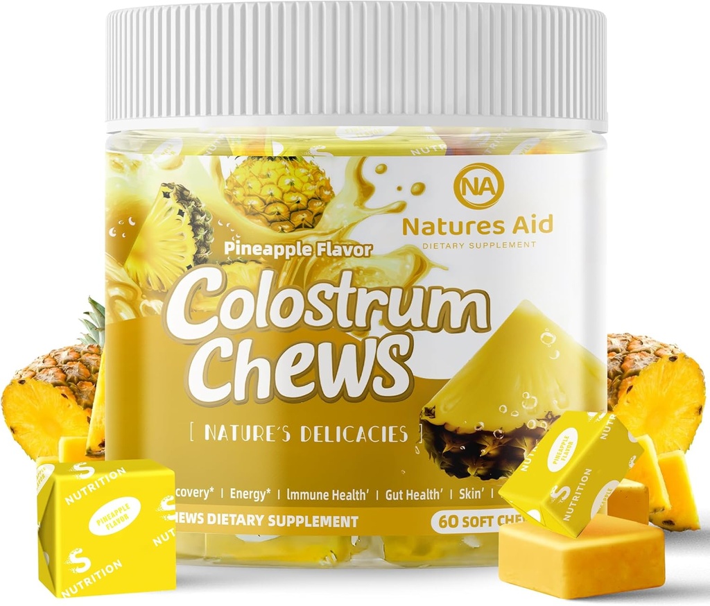 Colostrum Chews Supliment cu probiotice pentru sanatate gutoasa, Blooting, Suport Imun, Piele, Cresterea parului si frumusete - Ananas Flavor (60 Servings)