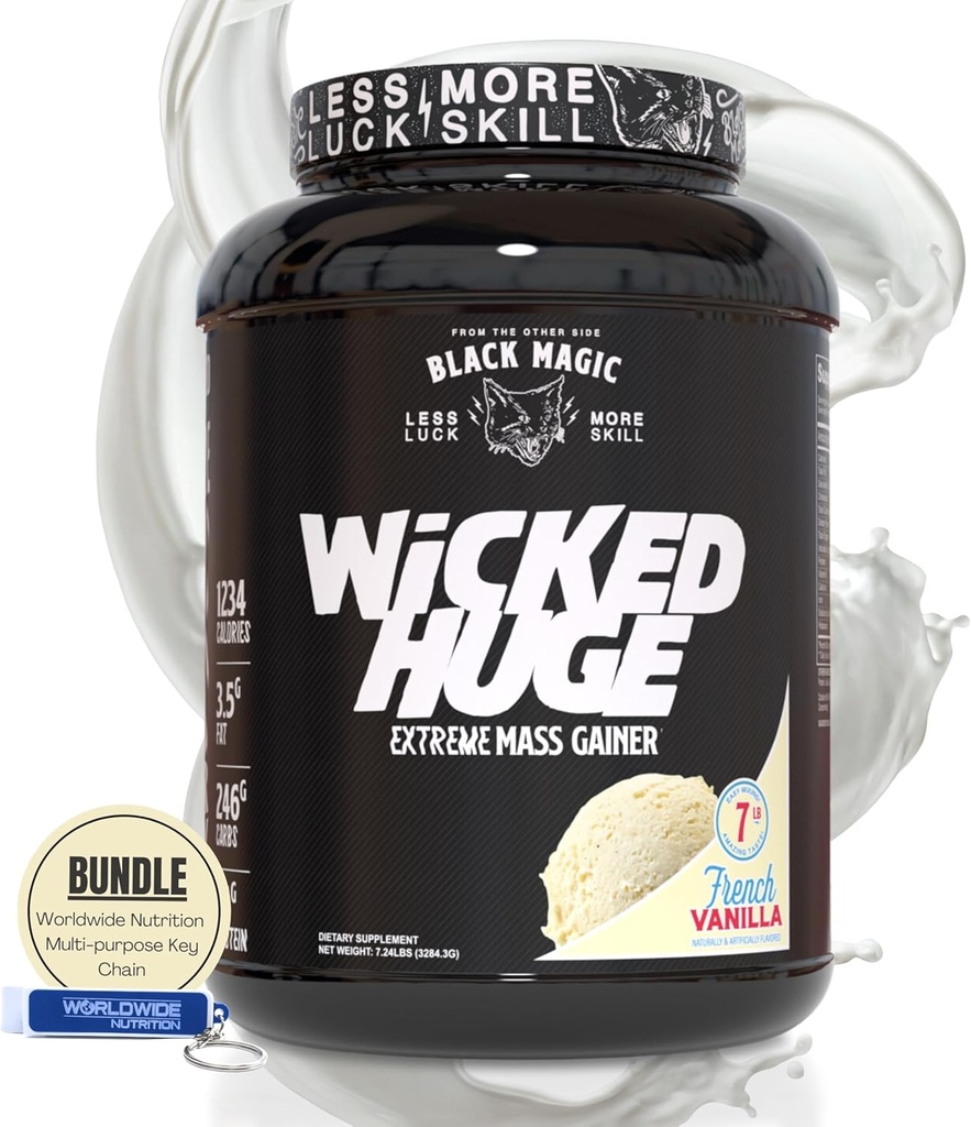 Nutriție mondială Bundle Compatibil cu negru Magic Wicked Uriașă - Gainer Mass French Vanilla Aroma pentru suport muscular și recuperare, 7.24 LBS Proteine pulbere Supliment cu Keychain