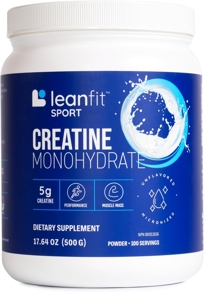 LeanFit Sport CREATINE MONOHYDRATE pulbere, nearomat - Informate alegere Certified, Micronited & Pharmaceutical grad Creatina, Gluten-Free, Vegan 5g Creatina Per Serving, 100 Serviri, 17.64oz Tub