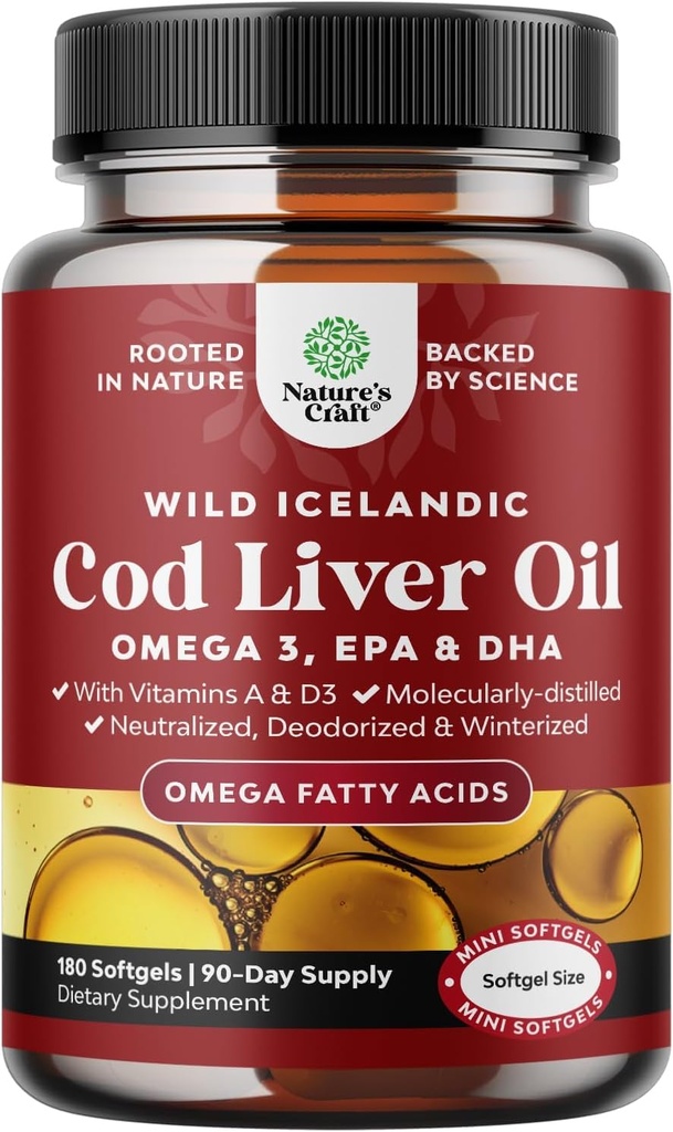 Islanda Cod Ulei de ficat Softgels - Wild Caught EPA DHA Omega 3 Ulei de pește 1000mg per servire - Sustenabil sursa Burpless Fish supliment ulei de pește cu vitamina D3 & A pentru inima comun creier și suport imunitar