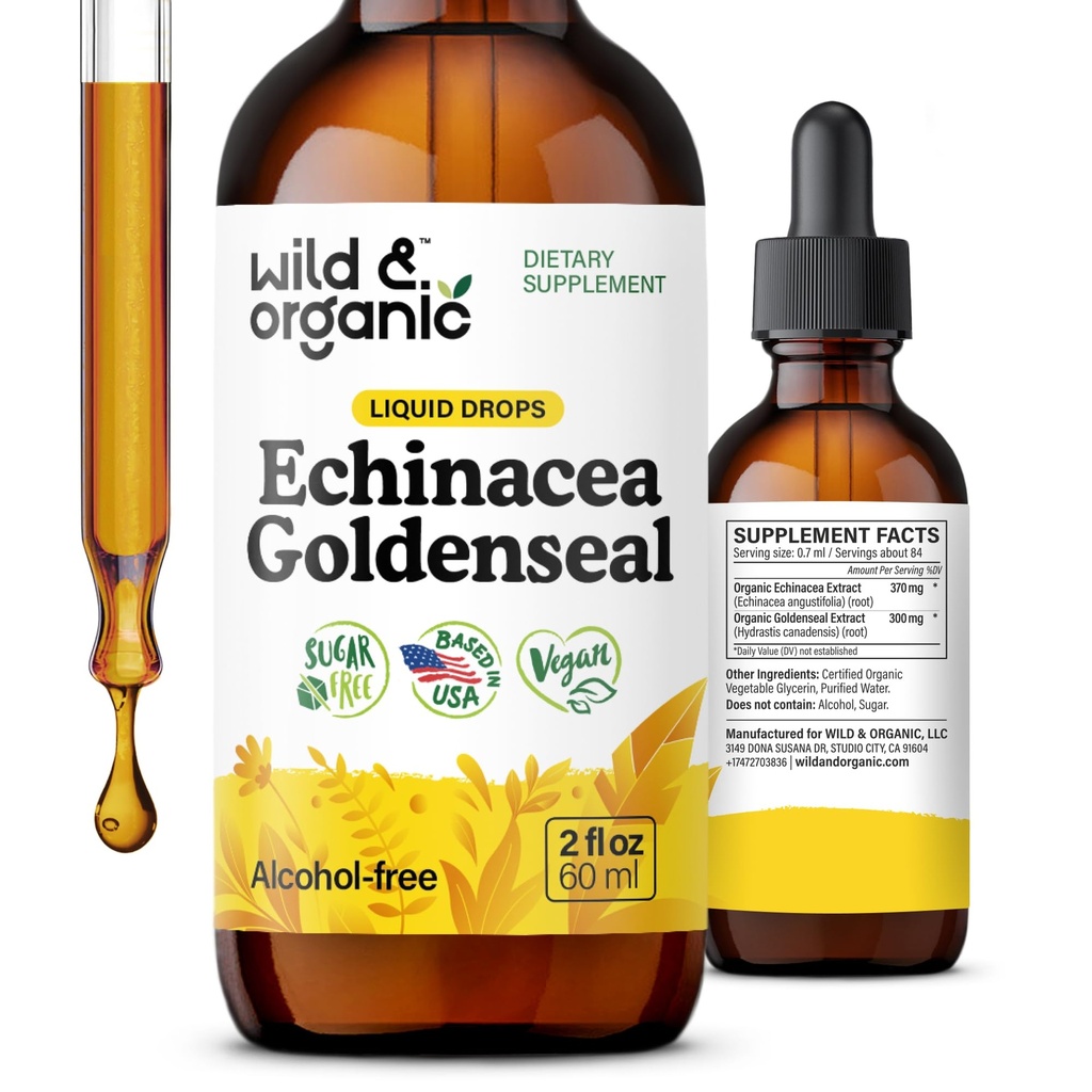 Echinacea sălbatică și organică Picături lichide Goldenseal - Supliment de sprijin imun w/Echinacea de aur - extract de rădăcină Vegan, zahăr și alcool - 2 fl oz