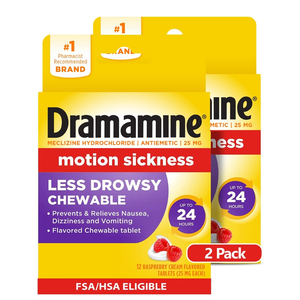 Dramamine Chemable Less Drowsy, Motion Sickness Relief, Raspberry Cream Flavor, 12 Count, 2 Pack