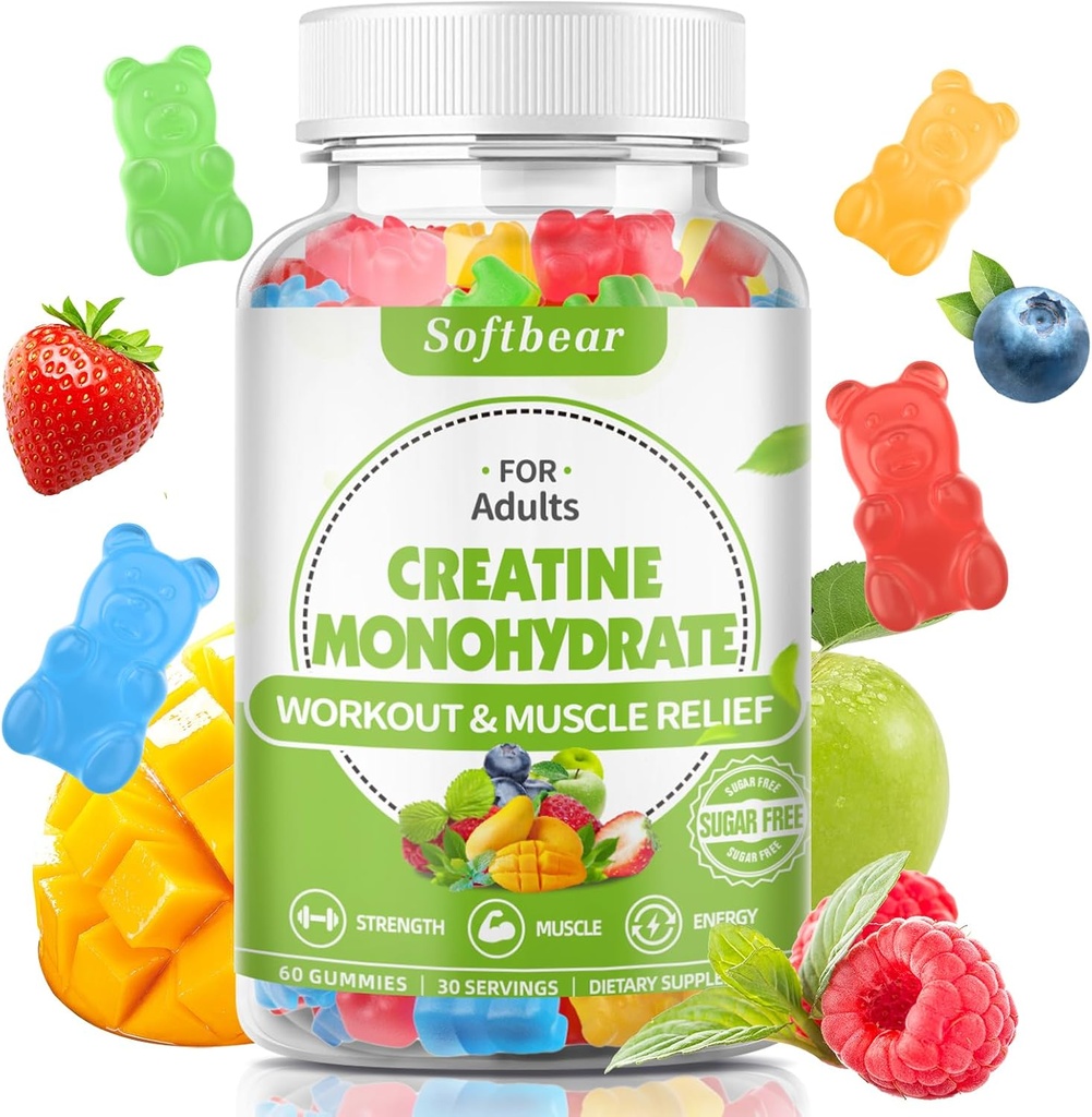 urs moale 5000 mg Creatină Monohidrat Gume pentru bărbați Femei, Creatină Vegană HCL Supliment Pre Gume de antrenament pentru musculare Constructor Putere Aroma mixt 60 Conte