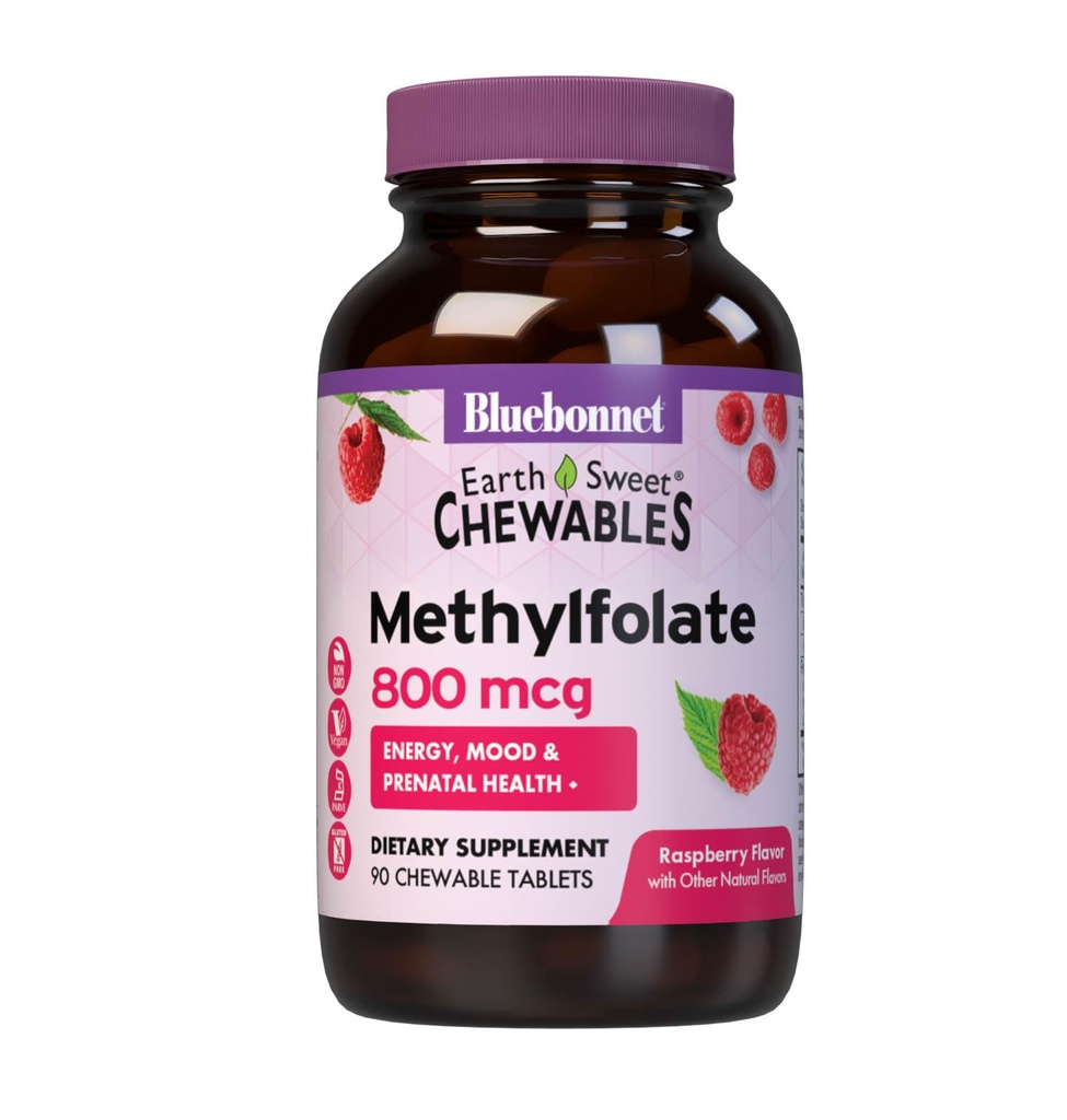 Bluebonnet EarthSweet Metilfolat 800 mcg Celular Active Coenzime 5-MTHF L Folate Supliment - Prenatal & Energy Support* - Non-GMO, Vegan, Gluten-Free - Raspberry - 90 comprimate masticabile