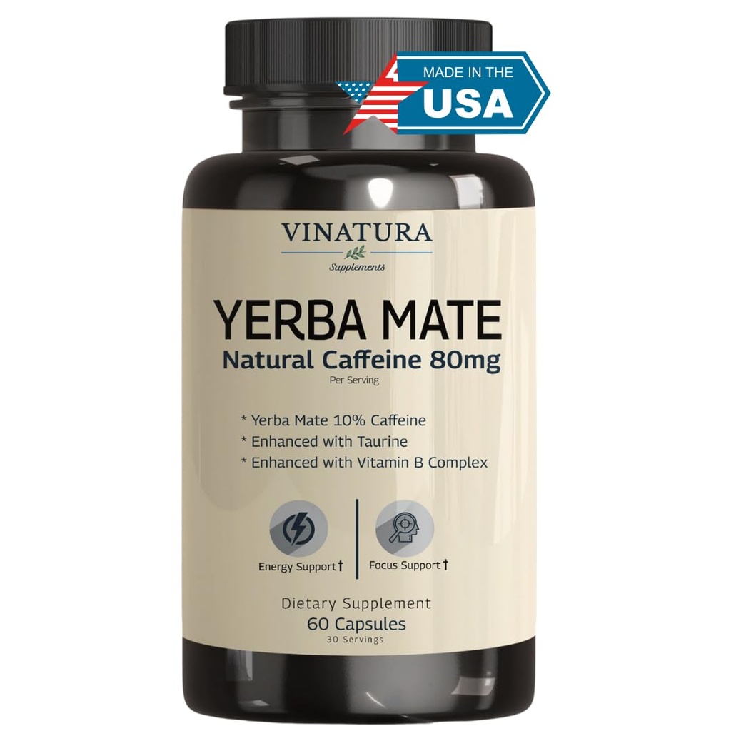 Yerba Mate 1400mg - Magic Natural Cafeina & Suplimente energetice *USA Made & Testat* High Potence Enhanced with Taurina and Vitamin B Complex - 60 Capsule