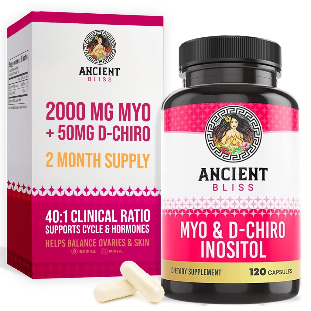Bliss Myo & D-Chiro Inositol Supplement, 40 la 1 Ratiu, Ajuta in Suport Functie ovariana pentru femei, Vitamina B8 ajuta la reglarea ciclului menstrual, 2050 mg per Servire, 120 Capsule Vegan