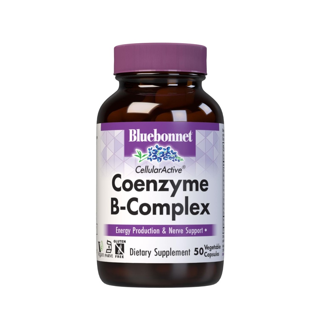 Bluebonnet Nutriție Celulară Coenzime activă B-Complex, Producție de energie & Nervi Suport*, Vegan, Kosher Certified, Gluten-Free, Soy-Free, Dairy-Free, 50 Capsule vegetale, 50 Servings