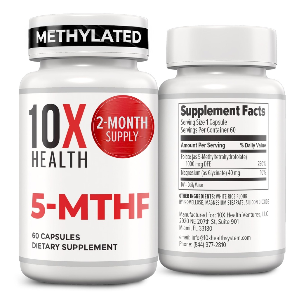 10X Metilfolat de sănătate 5-MTHF - Folat metilat & Magneziu pentru creier, Heart Health, ADN & Neurotransmitter Sinteza - Biodisponibile Metil Folate Supliment - Metilfolat Supliment 60 capsule