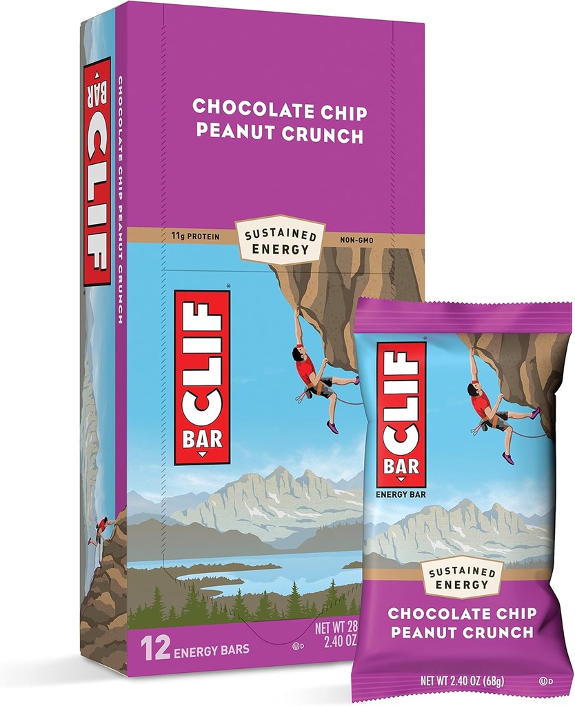 Clif Bars - Energy Bars - Chocolate Chip Peanut Crunch - Made with Organic Oats - Plant based Food - Vegetarian - Kosher (2,4 Once Proteine Bars, 12 Count)