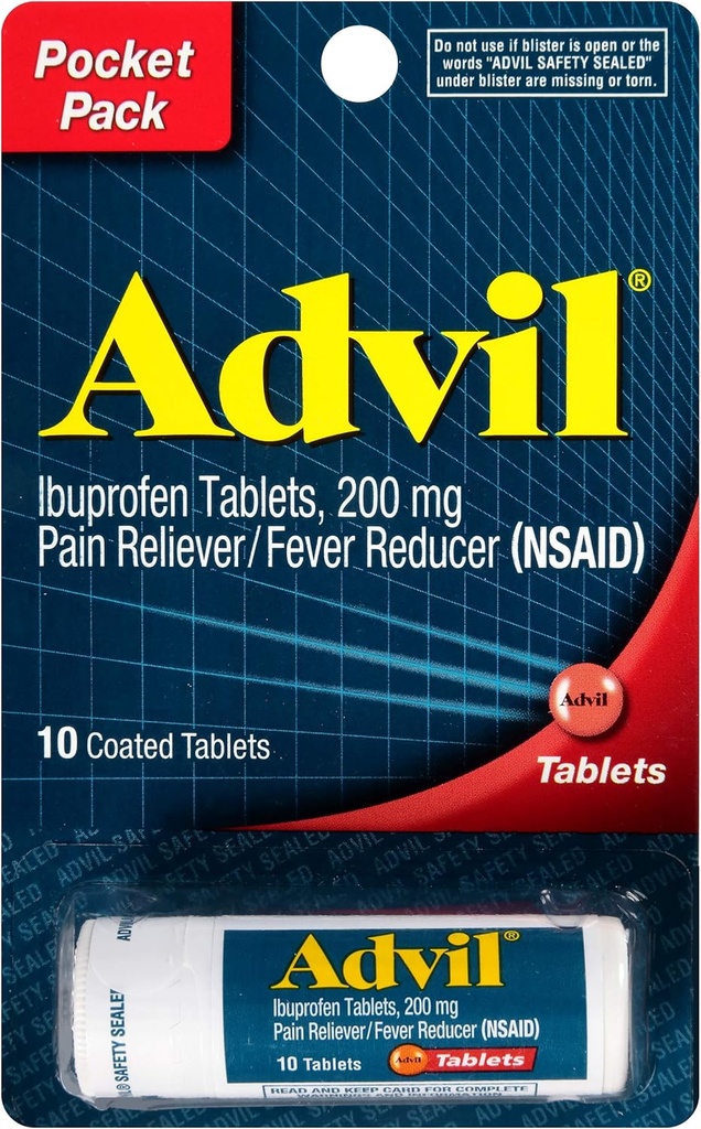 Advil comprimate filmate Durere Relieiver și Reductor de febră, Ibuprofen 200mg, 12 x 10 Conte, flacon dimensiune călătorie