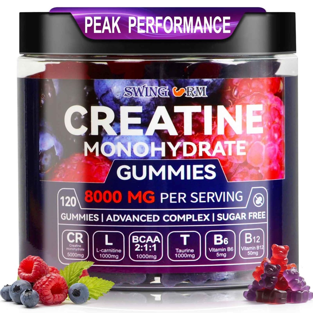 Creatine Monohidrat Gumries 6500 mg per Servire pentru bărbaţi şi femei - 120 Gume X5 Putere Sugar Creatura gratuita Chewable pentru Constructor musculare, Forţa musculară, Supliment de pregătire prealabilă (Blueberry)