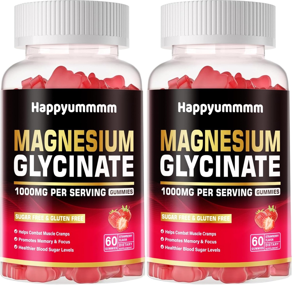 Magneziu Glycinate Gumries 1000mg - Sugar gratuit de magneziu supliment de potasiu cu vitamina D, B6, CoQ10 pentru calm Mood & Sleep Support - 120 de gume căpșuni