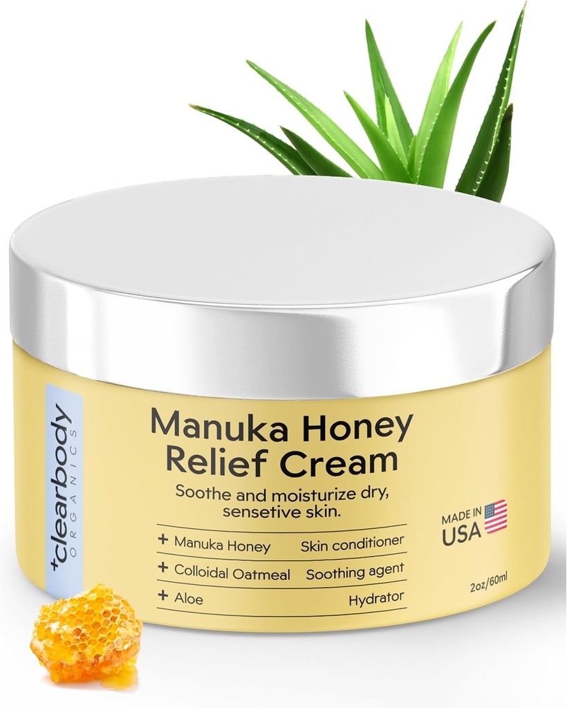Clearbody Organics Manuka Honey Cream - 2 fl oz, Pachet de 1 - Soothing Eczeme Cream - Hidratare profundă cu fulgi de ovăz coloidal - Instant Manuka Relief pentru uscat, mancarimi piele
