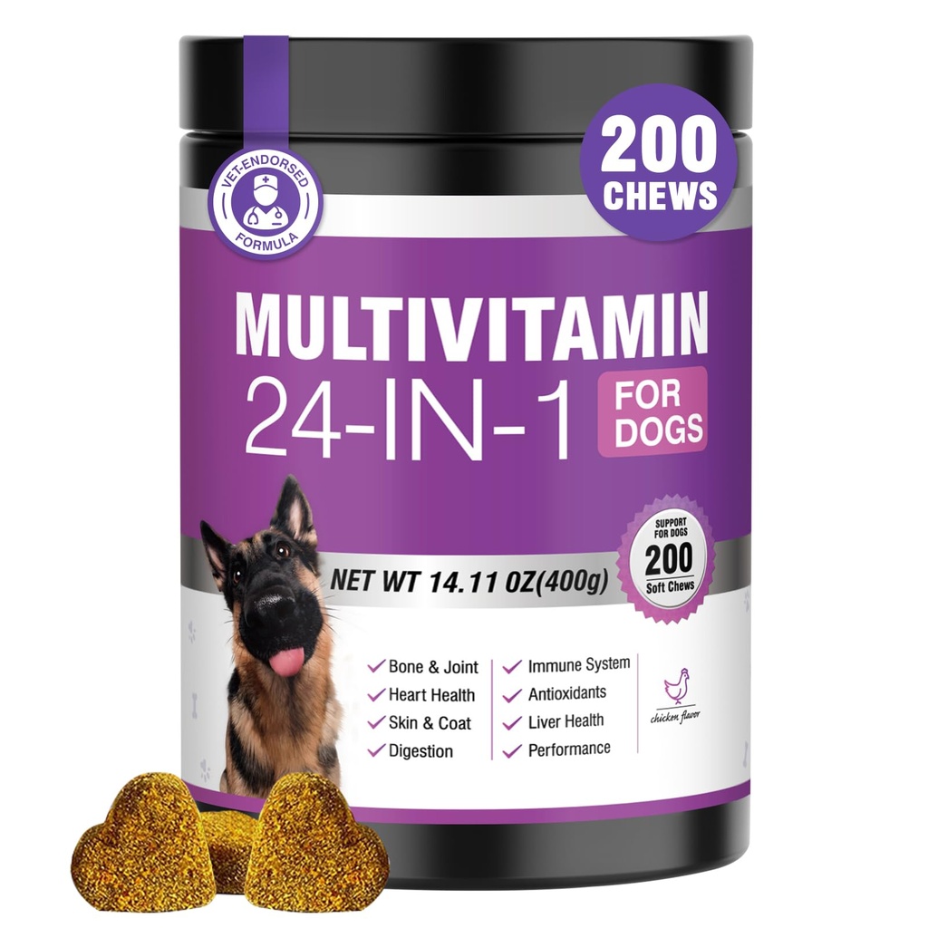 24-in-1 caine vitamine si suplimente 200 Ct caini Multivitamine Chembable Contin Chondroitin Probiotice Omega-3 Glucosamină pentru câini Piele Piele de sac Inima comun Creier de ficat Suport imun - Pui