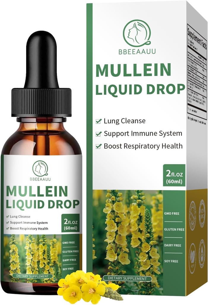 Mullein picături pentru plămâni, 16-in-1 Mullein Extract de frunze pentru Lung Curățenie, Respirație, Imunitate, cu Quercetin, Marshmallow, Black Cumin Seed, Elderberry, Mullein lichid, Non-GMO, 2 Fl Oz