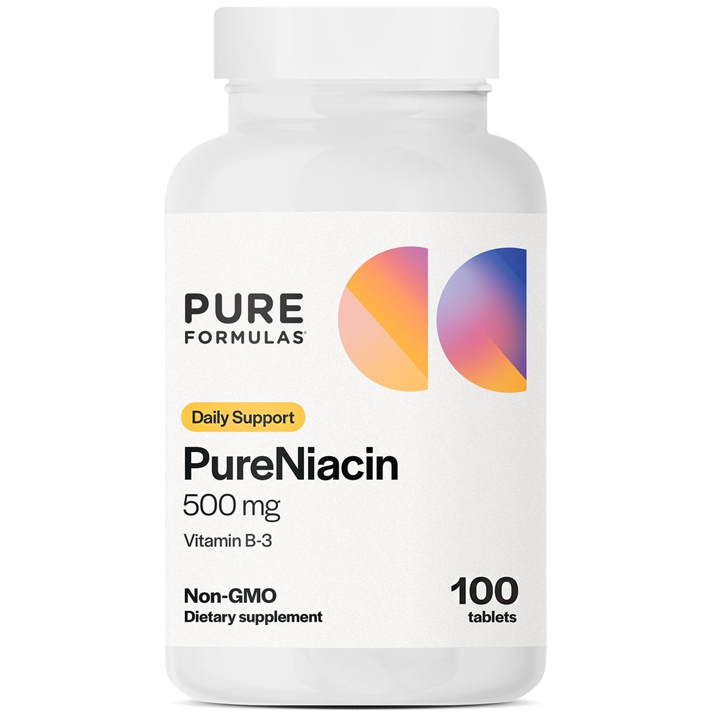 PureFormulas Niacina pură - Vitamina B3, 500 mg de eliberare imediată Niacin 500 mg - Acid nicotinic 100 comprimate - Non-GMO B3 Vitamine Niacina Supliment