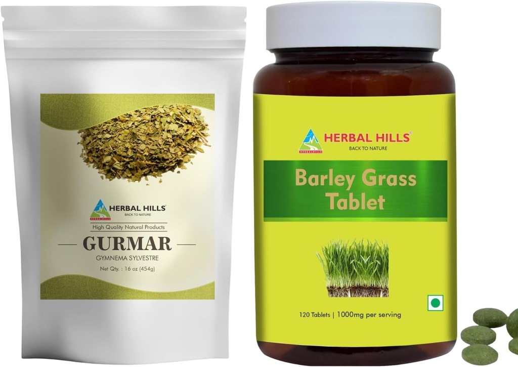 HERBAL HILLS Gurmar Ceai pulbere și Barley Grass tablete pachet de 2 Combo