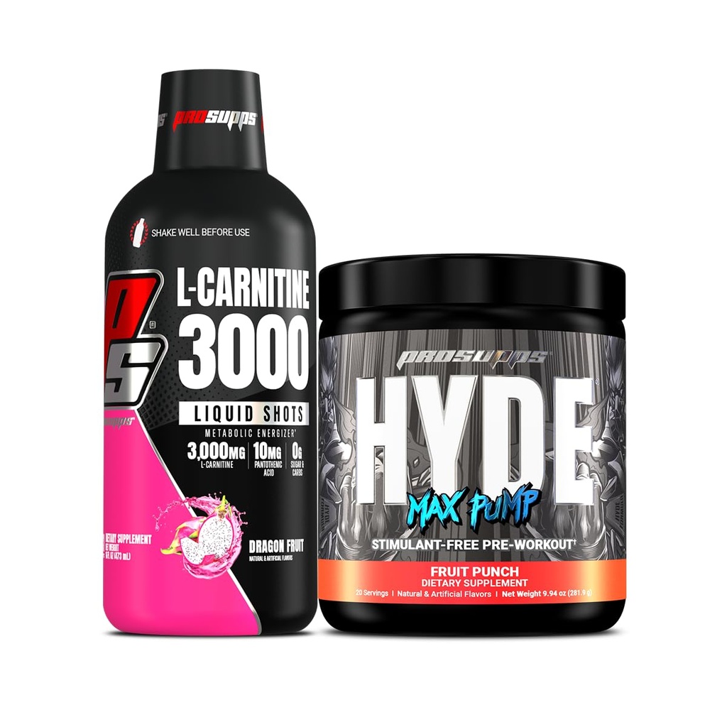 PROSUPPS L-Carnitina 3000 Stimulante Injecții cu lichid liber (Fructul Dragonului) și Hyde Max Pump Pre Workout pentru bărbați și femei (Punch de fructe) Bundle