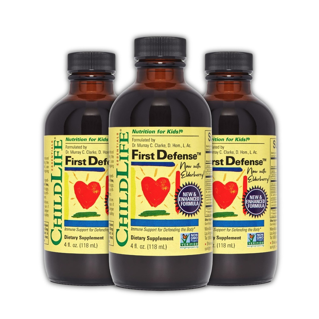 CHILDLIFE ESENȚIALE Prima aparare - Copii Suport Imun, Suport Imun pentru copii, Copii 1-3, Bebelusi 6 luni+, Vitamina Sirop cu Elderberry, Zinc, Non OMG, Gluten Free - 4 Fl Oz (Pachet de 3)