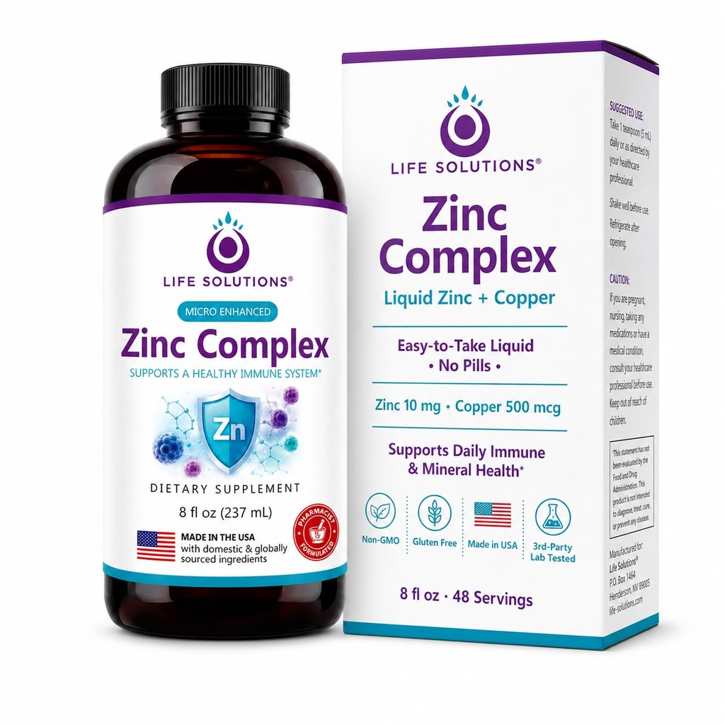 Solutii Life Complex de zinc - Gluconat de zinc si cupru Gluconat pentru suport imunitar optim si sanatate - Formula de absorbtie mare - lichid 8oz-