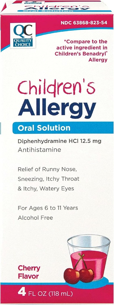 Alegerea calităţii Medicina de Alergie pentru copii, Soluţie antihistaminică lichidă non-drowsy. Aromă de cireşe fără alcool Difenhidramină activă pentru tuse, nas roşu, mâncărime ochi şi gât Relief 4 oz