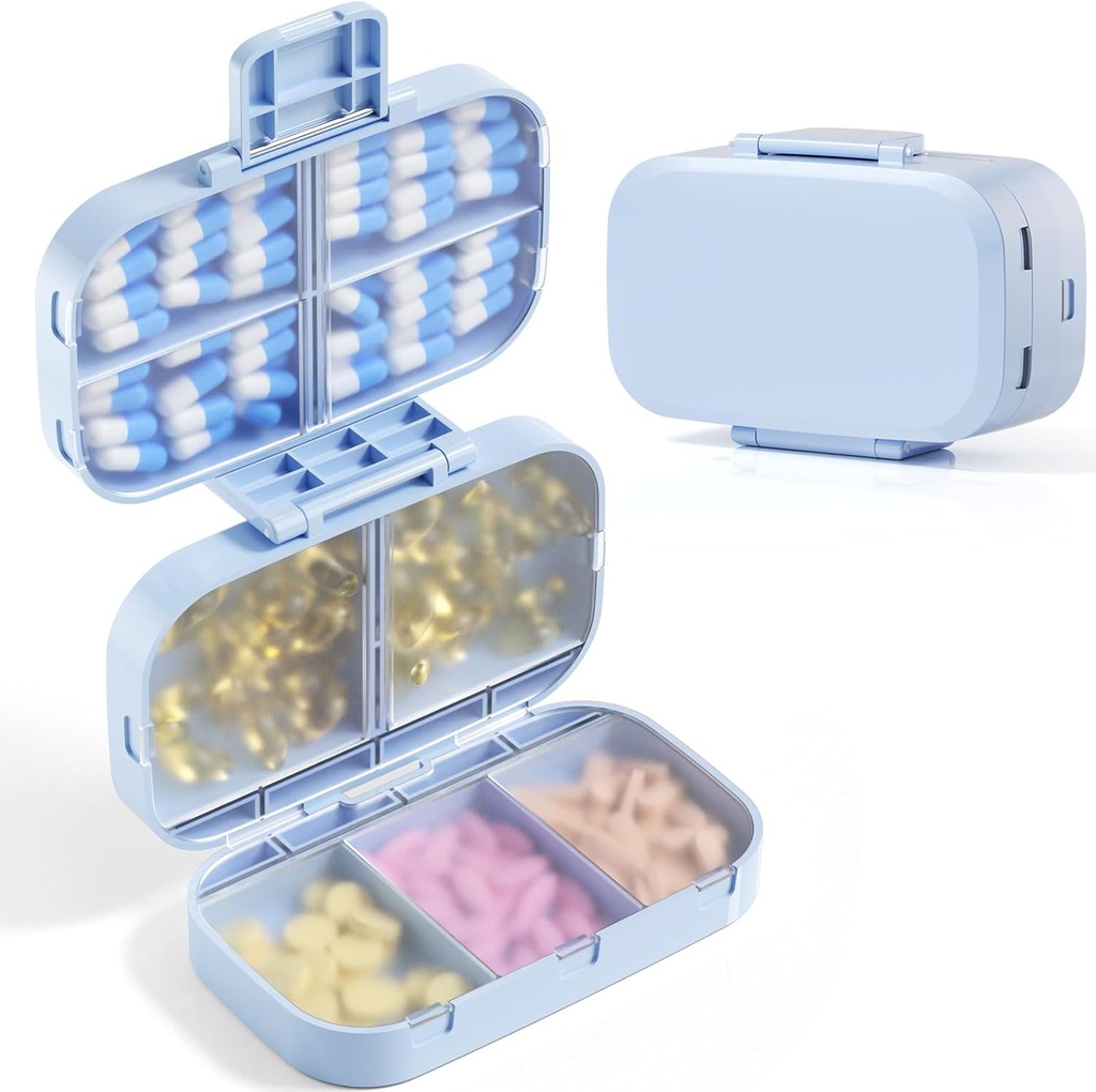 MEACOLIA Triplu pliant Pilula Organizator, 9 Compartiments Travel Pilula caz cu capacitate mare, Zilnic Pilula cutie mic recipient pentru vitamina, Cod ulei de ficat, Suplimente (Blue)