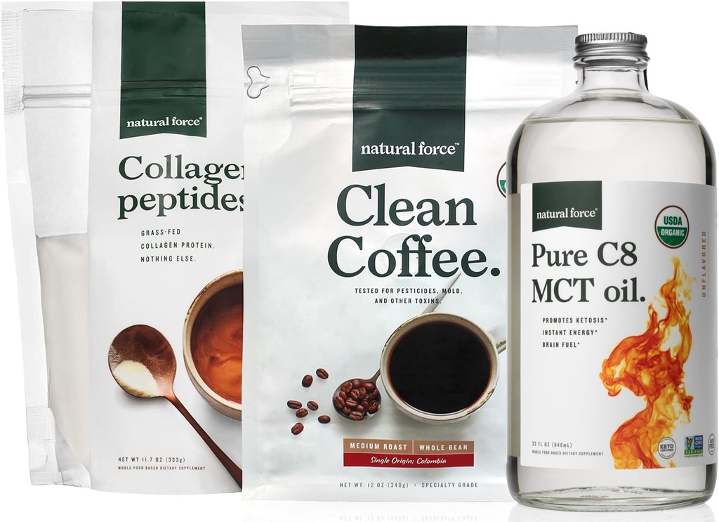 Natural Force Organic Clean Coffee, Colagen Peptides, și C8 Pure MCT Oil Bundle 