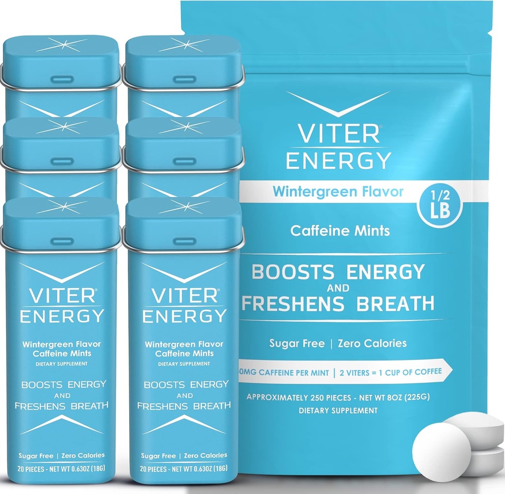 Viter Energy Original Cafeine Mints Wintergreen Flavor 6 Pack și 1/2 Pound Bulk Bag Bundle - 40mg Cafeina, B Vitamine, Sugar Free, Vegan, Booster energie puternic pentru focus și alertă