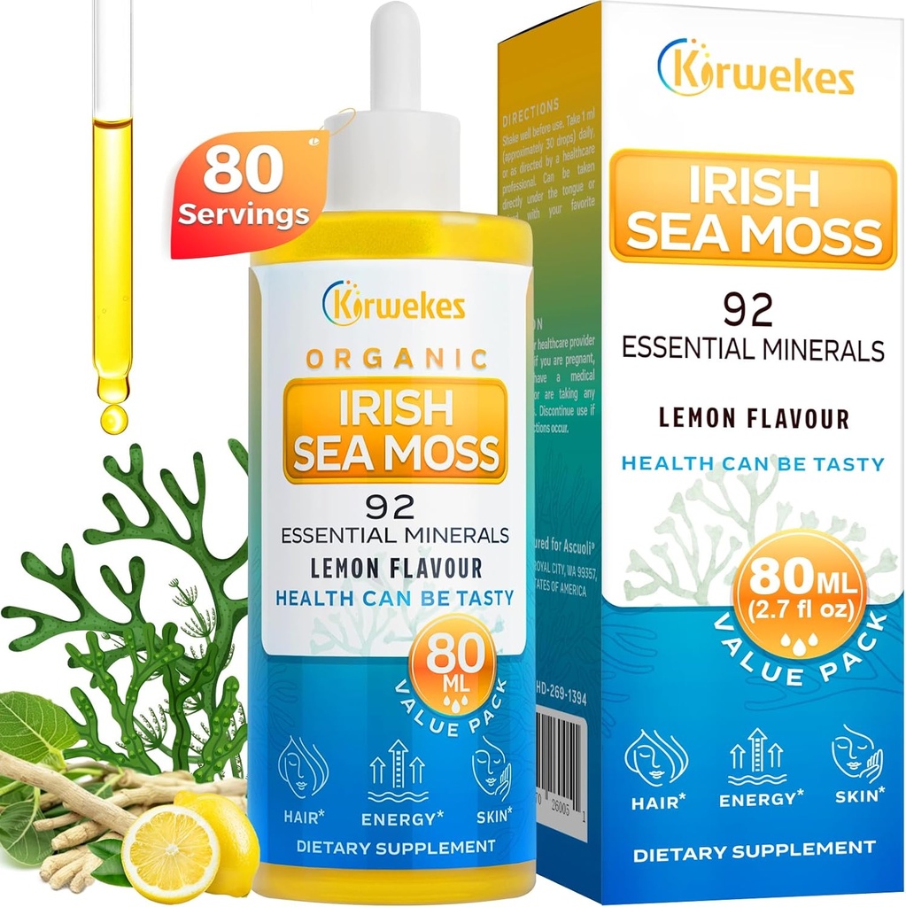 Sea Moss & Ashwagandha Picături rădăcină - 10X Seamoss mai puternic & Ashwagandha pentru femei și bărbați, Sea Moss picături pentru Mood, Imunitate, Digestive, Energie, Piele, Aroma parului (Aroma lemon - 80 Serviri