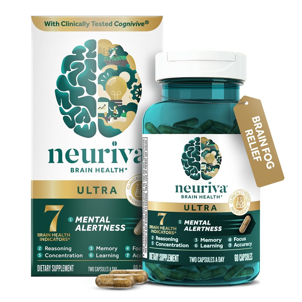 NEURIVA Ultra Decafeinated Clinic testat Nootropic Creier Supliment pentru Alertare Mintala, Memorie, Focus & Concentrare, Cognivive, Neurofactor, Fosfatidilserină, Vitamine B6 B12, 60 Capsule