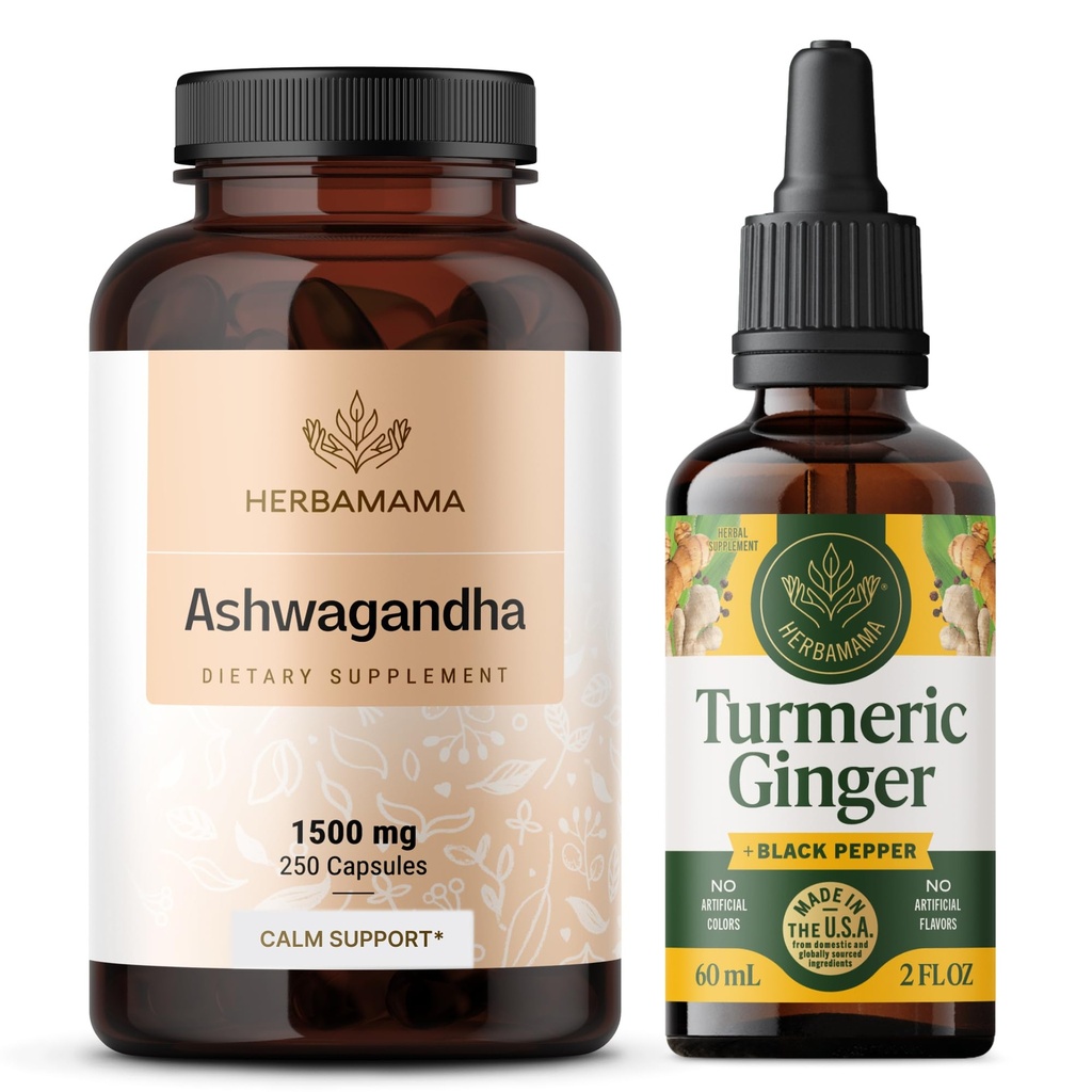 HERBAMAMA Ashwagandha și Turmeric Ginger Kit - Bundle of 1500 mg Ashwagandha Root Capsules & Turmeric Ginger Tincture 2 fl oz - Vegan, Non-GMO, Sugar & Alcool-Free - 2 Pack
