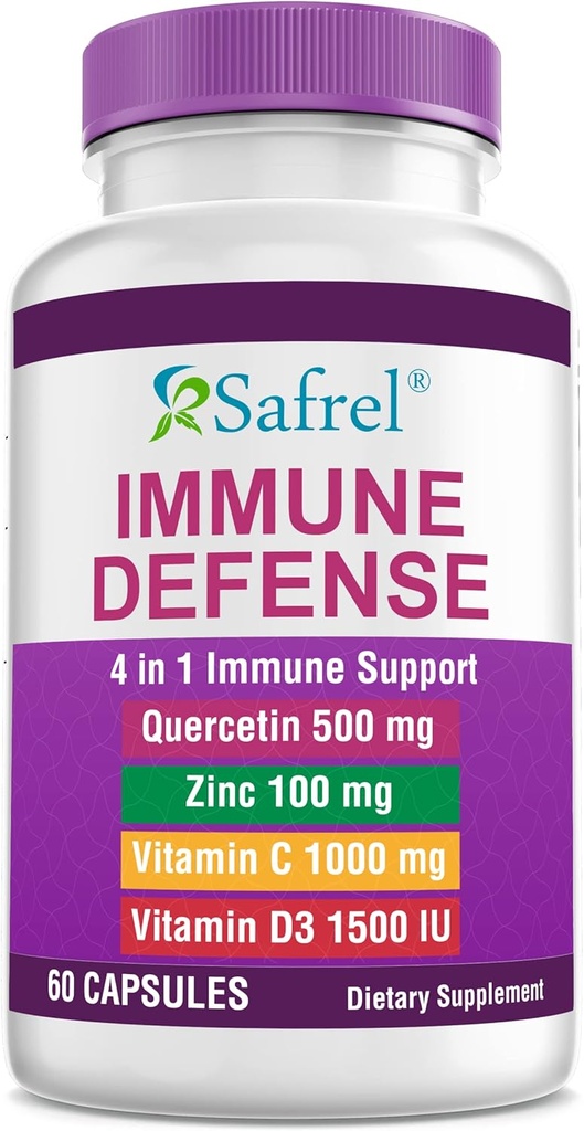 Safrel Strong Immune Support, Querbetin 500 mg, Zinc Picolinat 100 mg, VitamatiC 1000 mg, Vitamina D3 1000 UI, 60 capsule, 1 lună de aprovizionare 